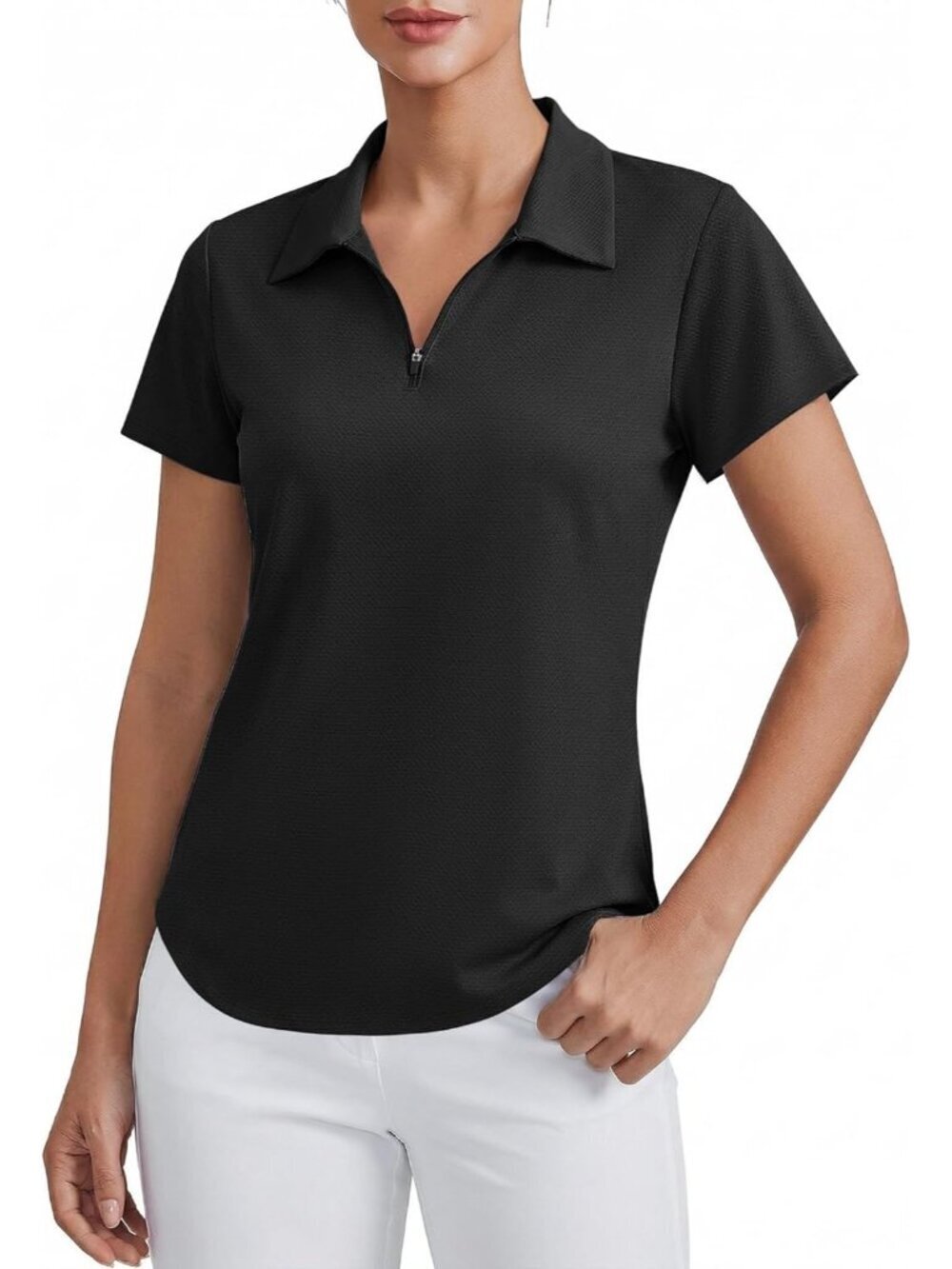 Womens Black  Golf Shirt Short Sleeve UPF 50+ Tennis Polo 1/4 Zip Quick Dry++